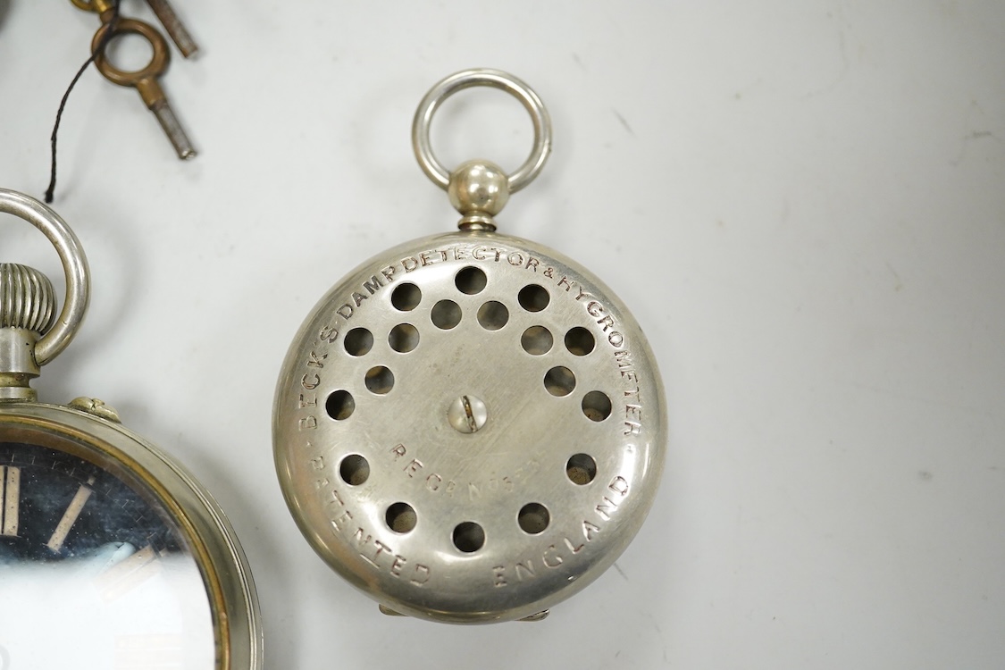 A collection of open faced pocket keyless watches to include a black faced Military pocket watch signed Carley & Clemence A1386, stamped verso GS MK. D 1386another black faced pocket watch, a silver open faced pocket wat